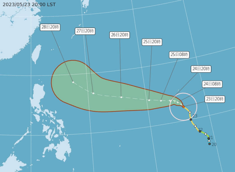 颱風瑪娃晚間8時增強為強烈颱風，預計28日前強度都會維持在強烈颱風，且暴風圈有機會擴大。（圖取自中央氣象局網頁cwb.gov.tw）