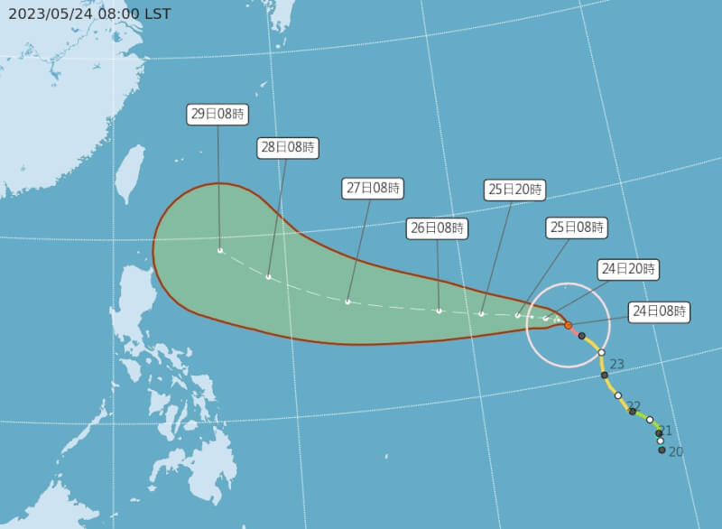 中央氣象局指出，瑪娃颱風23日晚間8時增強為強烈颱風，預計28日前強度都會維持在強烈颱風，且暴風圈有機會擴大。（圖取自中央氣象局網頁cwb.gov.tw）