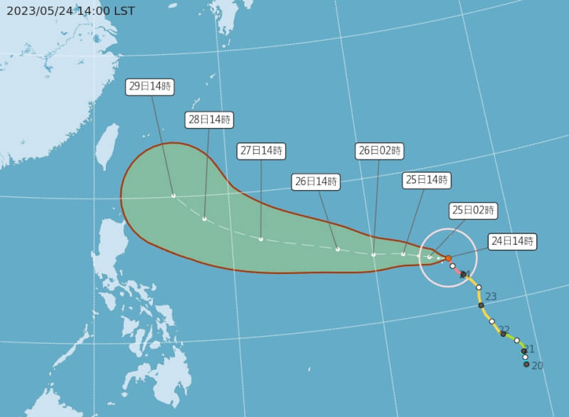 圖為瑪娃颱風路徑潛勢預測圖。（圖取自中央氣象局網頁cwb.gov.tw） 