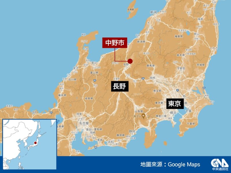 日本长野县中野市25日傍晚发生一起男子持猎枪枪击事件。（中央社制图）