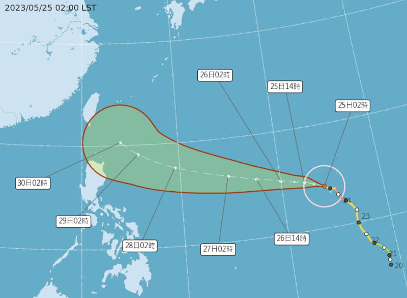 圖為瑪娃颱風路徑潛勢預測圖。（圖取自中央氣象局網頁cwb.gov.tw）