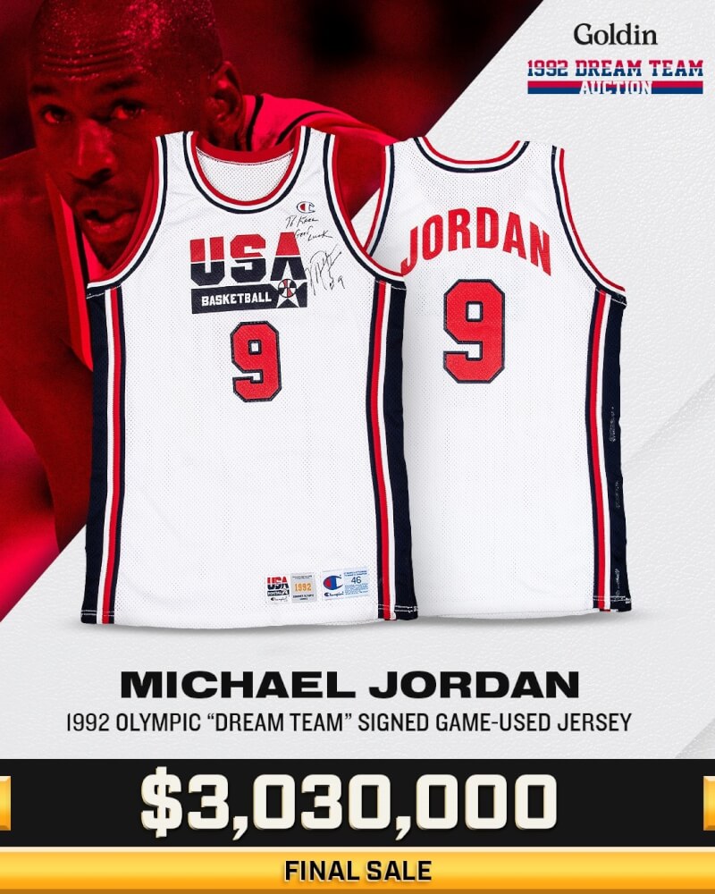 美國職籃NBA傳奇球星喬丹代表美國參加1992年奧運所穿的一件球衣，以303萬美元（約新台幣9300萬元）售出。（圖取自twitter.com/GoldinCo）