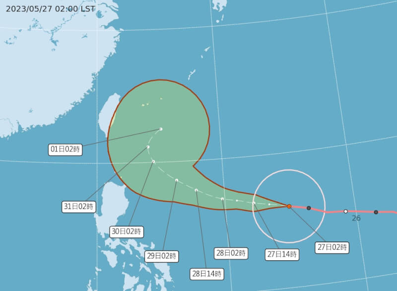 中央气象局预测台风玛娃路径偏西北西，行进渐转西北再转偏北。（图取自中央气象局网页cwb.gov.tw）