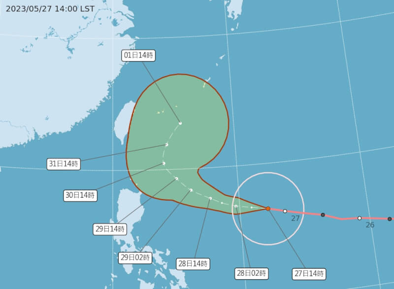 中央氣象局說，預估颱風瑪娃未來路徑將會朝琉球南方海面彎過去，最快在29日清晨到上午這段期間有機會發布海上颱風警報。（圖取自中央氣象局網頁cwb.gov.tw）