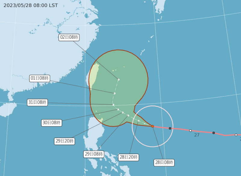 中央氣象局說，預估颱風瑪娃未來路徑將會朝琉球南方海面彎過去。（圖取自中央氣象局網頁cwb.gov.tw）
