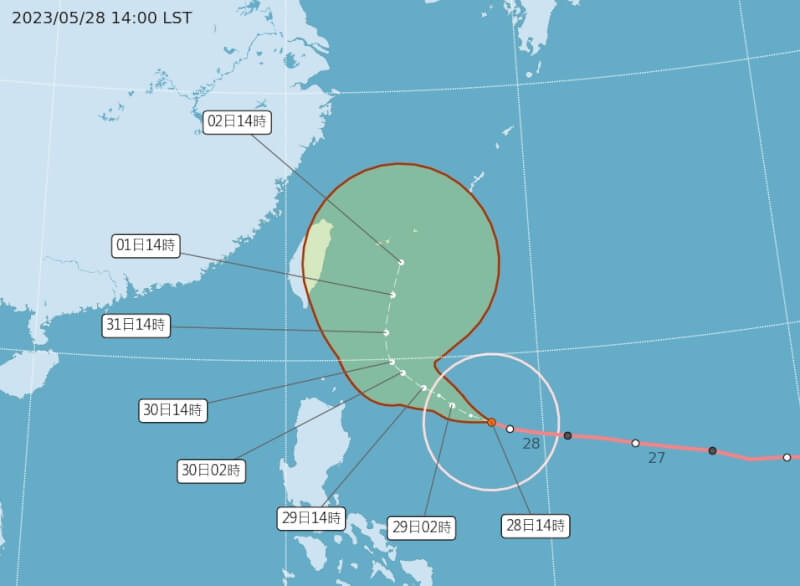 圖為颱風瑪娃路徑潛勢圖。（圖取自中央氣象局網頁cwb.gov.tw）