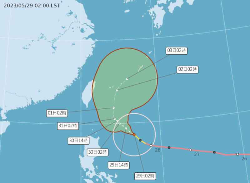 圖為颱風瑪娃最近幾天可能的行進路線。（圖取自中央氣象局網頁cwb.gov.tw）
