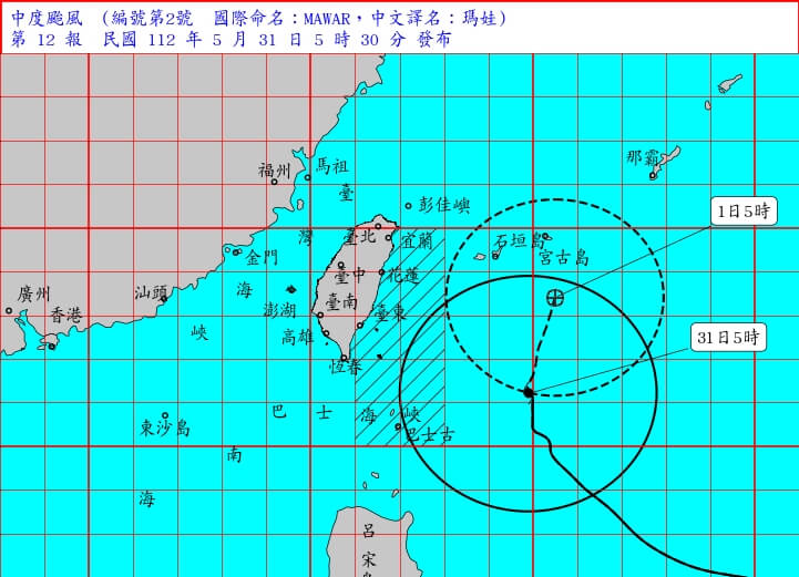 中央氣象局表示，颱風瑪娃持續以緩慢速度往北前進，預計30日晚間到31日是瑪娃最接近台灣的時候。圖為31日上午5時30分的颱風路徑圖。（圖取自中央氣象局網頁cwb.gov.tw）