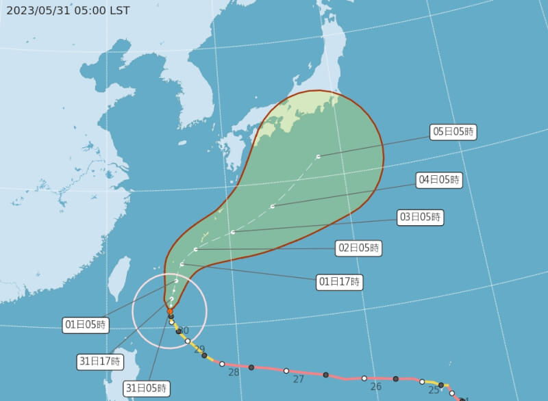 中央氣象局31日表示，颱風「瑪娃」持續緩慢向北移動。（圖取自中央氣象局網頁cwb.gov.tw）