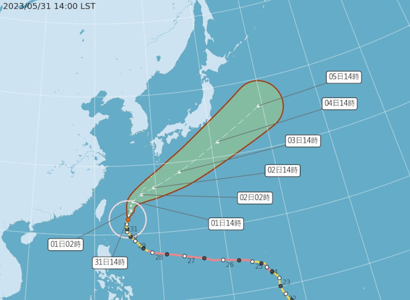 氣象局31日表示，若颱風瑪娃持續往北北東方向不變，最快將於今天下午5時30分解除海上颱風警報（圖取自中央氣象局網頁cwb.gov.tw）