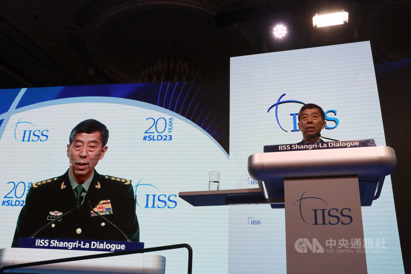 中國防長李尚福4日在「香格里拉對話」演講，大篇幅闡述北京對台灣議題的立場。中央社記者侯姿瑩新加坡攝 112年6月4日