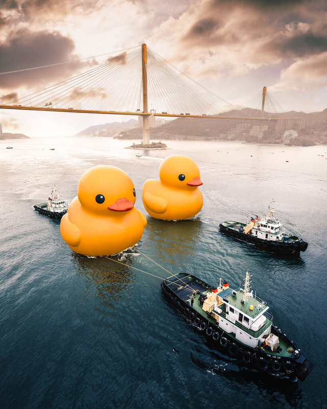 荷蘭藝術家霍夫曼（Florentijn Hofman）創作的大型充氣「黃色小鴨」曾在全世界造成旋風，10日起黃色小鴨將重返香港維多利亞港，且這次將展出2隻黃色小鴨，預計展出2個星期。（AllRightsReserved提供）中央社記者余曉涵傳真  112年6月4日
