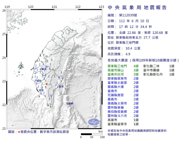 屏東10日17時12分發生芮氏規模4.9地震。（圖取自中央氣象局網頁cwb.gov.tw）