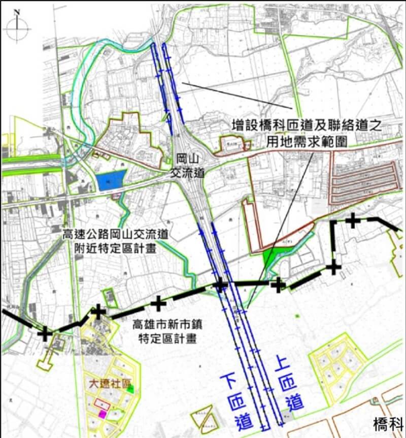 內政部都委會13日審議通過南部科學園區第二園區（橋頭）增設橋科匝道及聯絡道新設工程都市計畫變更案，預計民國117年4月完工。圖為增設橋頭科學園區匝道及聯絡道工程範圍示意圖。（高雄市都發局提供）中央社記者蔡孟妤傳真 112年6月13日