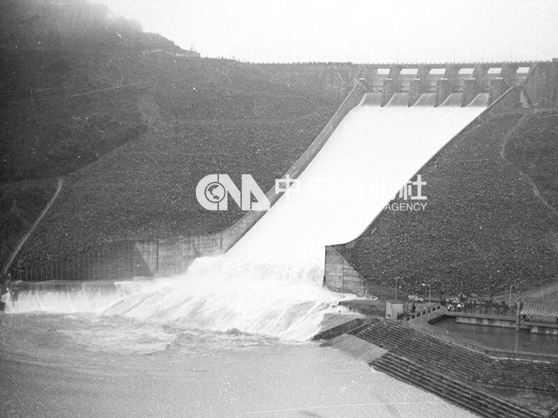 1966年6月11日，連日豪雨傾盆，石門水庫打開9道閘門放水洩洪，急流傾瀉而下。（中央社檔案照片）