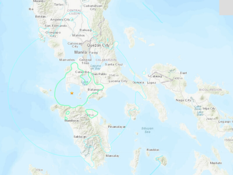 菲律賓馬尼拉南方八打雁省外海15日上午發生規模6.3強震。（圖取自美國地質調查局網頁usgs.gov）