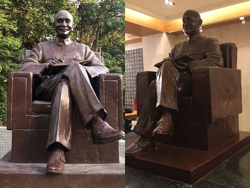 政治大學宣布，政大中正圖書館內的蔣公銅像（右）已遷移至華興育幼院（左）安置。（政大提供）