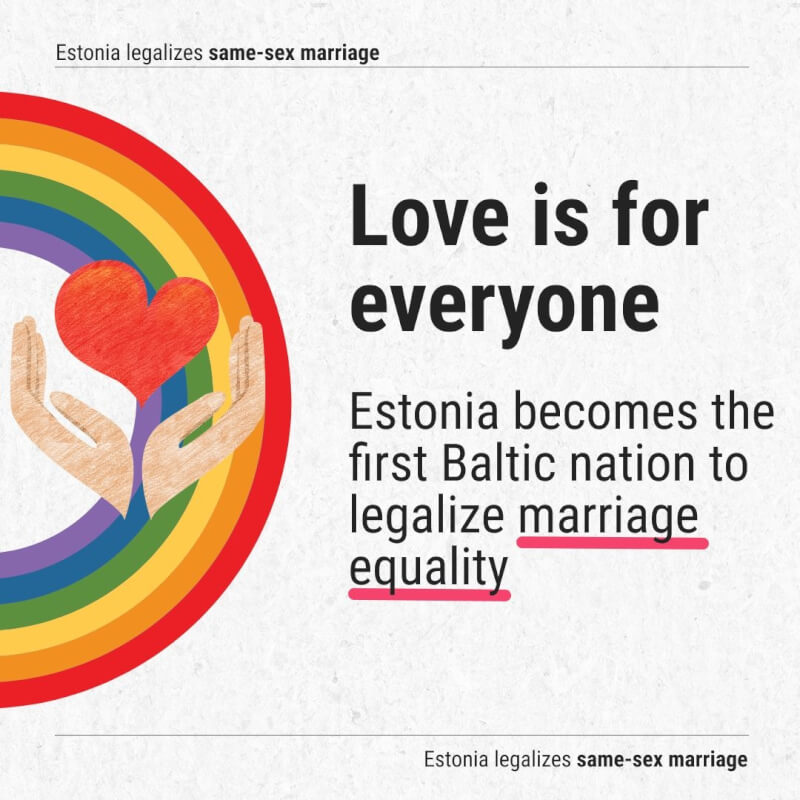 愛沙尼亞國會議員20日表決通過同性婚姻合法化，此舉創下波羅的海3國之先。（圖取自twitter.com/kajakallas）
