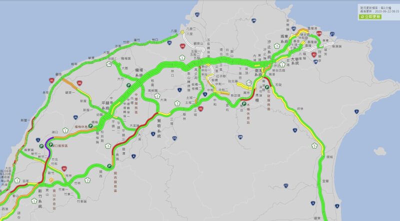 國道22日一早就湧現車潮,上午8時左右包含國1湖口到新竹系統、國3鶯歌系統到大溪、國5南港系統到石碇等路段時速都不到40公里。(圖取自高速公路1968網頁1968.freeway.gov.tw)