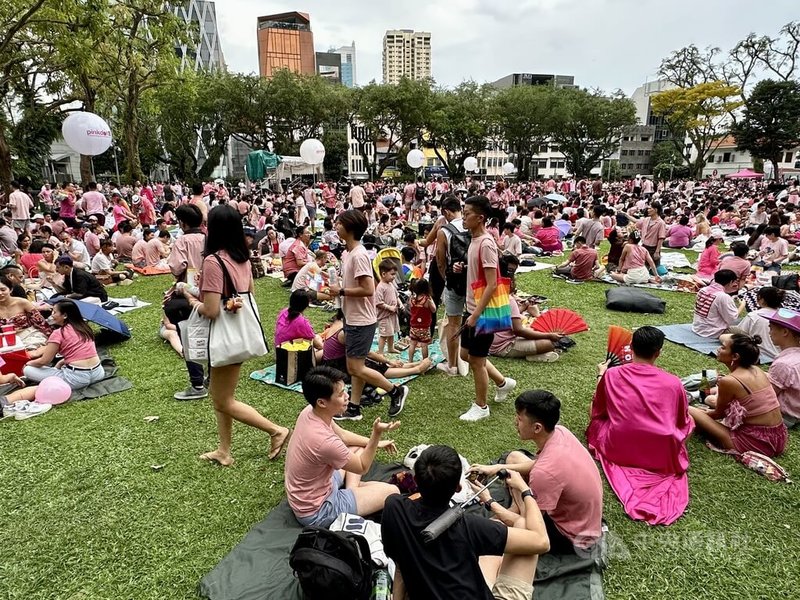 聲援同性戀、雙性戀和跨性別（LGBT）戀愛自由的新加坡「粉紅點」活動24日在芳林公園登場，大批民眾穿著粉色上衣到場參與。中央社記者侯姿瑩新加坡攝 112年6月24日