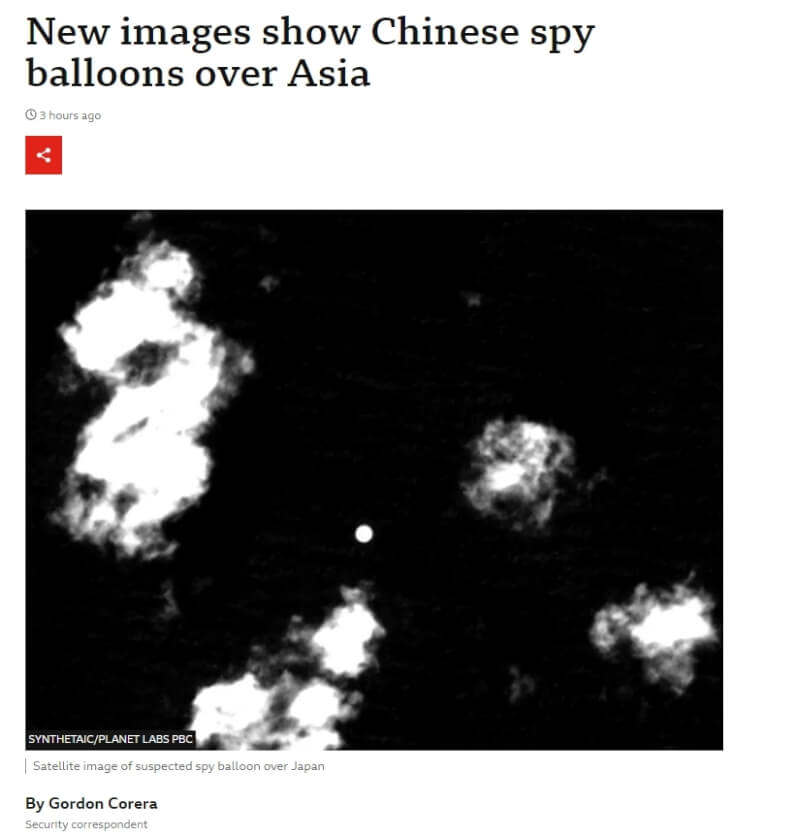英國廣播公司（BBC）「廣角鏡」節目揭露中國間諜氣球計畫在亞洲活動的新證據，包括氣球飛過日本及台灣上空。（圖取自BBC網頁bbc.com）