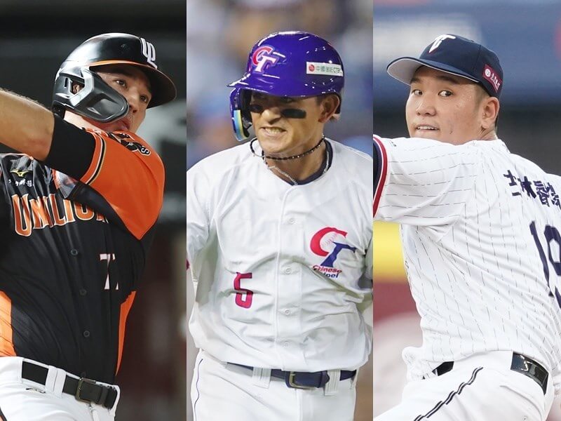 杭州亞運棒球隊24人名單出爐，投手古林睿煬（右）、野手林子偉（中）、林安可（左）等人入選。（中央社檔案照片）