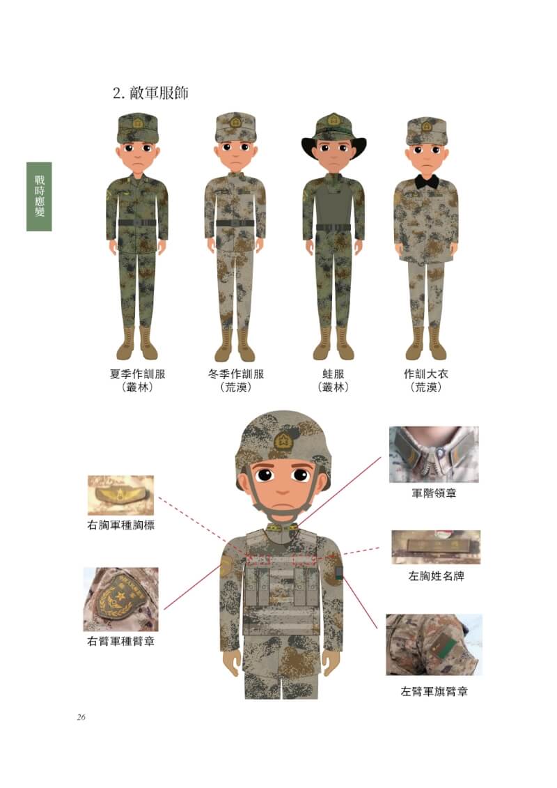 全民防衛動員署4日在官方網站上傳修正圖例，同時將共軍服飾的階級領章、臂章等照片納入內容。（圖取自全民防衛動員署網頁aodm.mnd.gov.tw）