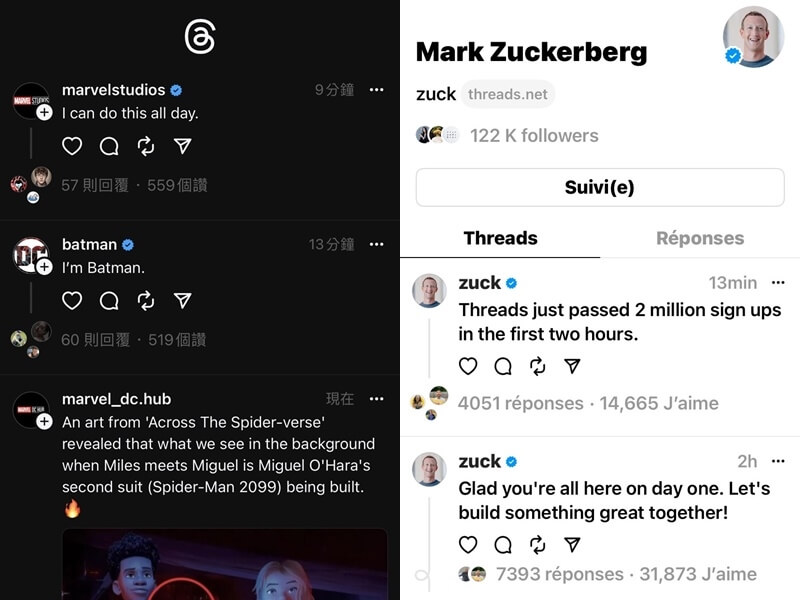 左圖為使用者可在Threads上追蹤自己喜愛的創作者；右圖為Meta執行長祖克柏在個人動態牆上發文表示，很開心看到用戶在Threads上架第一天就開通帳號。（中央社）