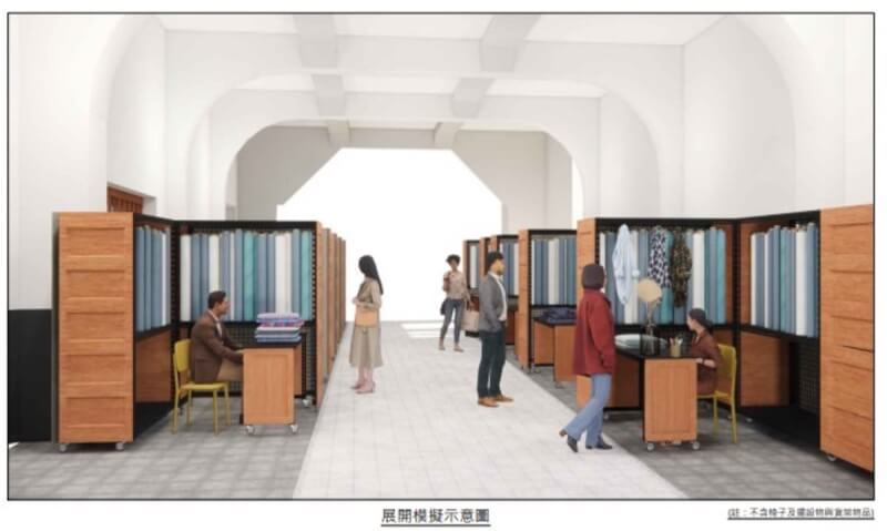 台南市定古蹟「西市場」為日治時期台南首座現代化大型公有市場，目前已整修完成，設計以不破壞古蹟壁體的活動式展示櫃體供攤商自由運用，且於不營業時可收納移至牆邊、不占用通道。圖為活動櫃體展開模擬示意圖。（台南市政府提供）中央社記者張榮祥傳真 112年7月8日