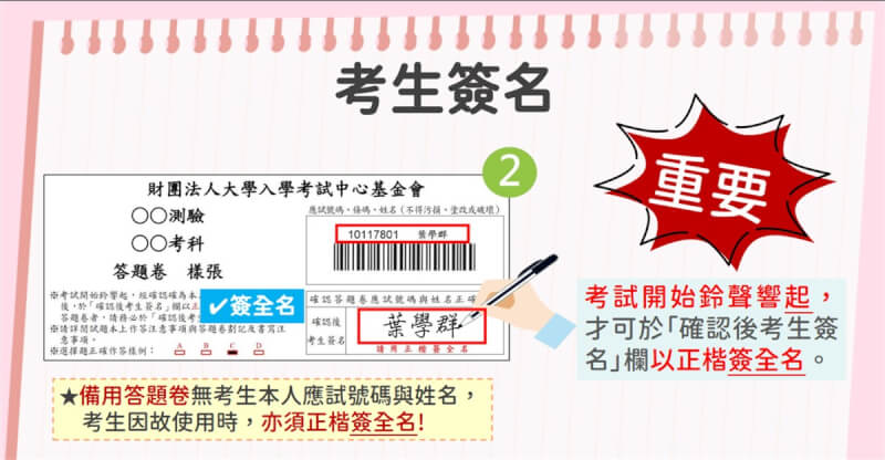 112學年分科測驗訂於7月12日、13日舉行，大考中心提醒，考生須在答題卷的「確認後考生簽名」欄以正楷簽全名，違規者扣該節成績1級分。（大考中心提供）中央社記者許秩維傳真 112年7月9日