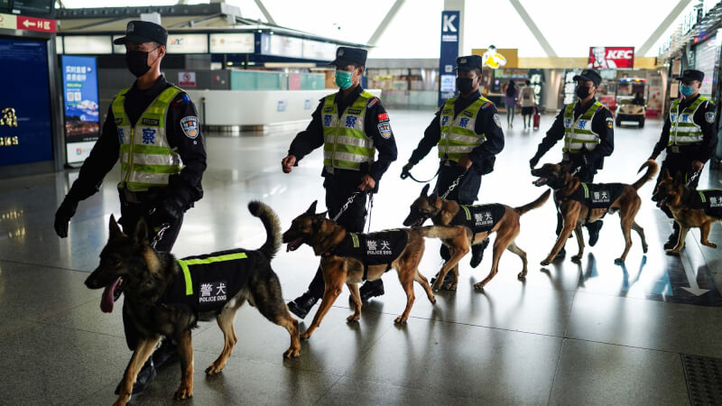 媒體披露，一名德國籍華裔男子在中國旅行時遭警方審問，逼迫提供海外示威者資訊。圖為中國機場公安帶著警犬巡邏。（示意圖／中新社）