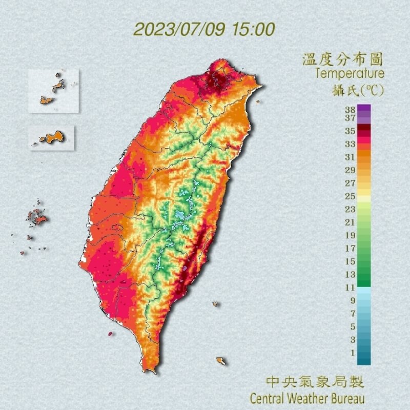 9日下午3時10分，台北市社子氣溫達37.9度。（圖取自氣象局網頁cwb.gov.tw）