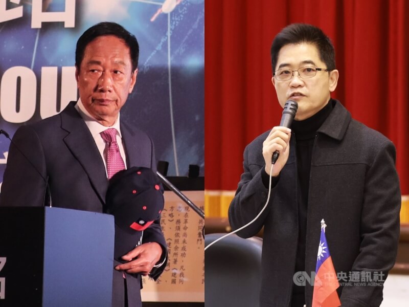 國民黨秘書長黃健庭（右）表示，曾建議鴻海創辦人郭台銘（左）如果未被徵召，就列不分區立委，輔選總統、立委，這方案稱為「B計畫」。（中央社檔案照片）