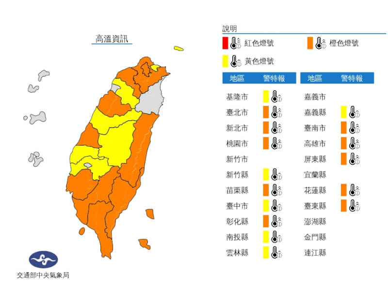 中央氣象局10日下午更新高溫資訊，全台除離島外，僅新竹市、宜蘭縣及嘉義市尚未發布高溫燈號。（圖取自氣象局網頁cwb.gov.tw）