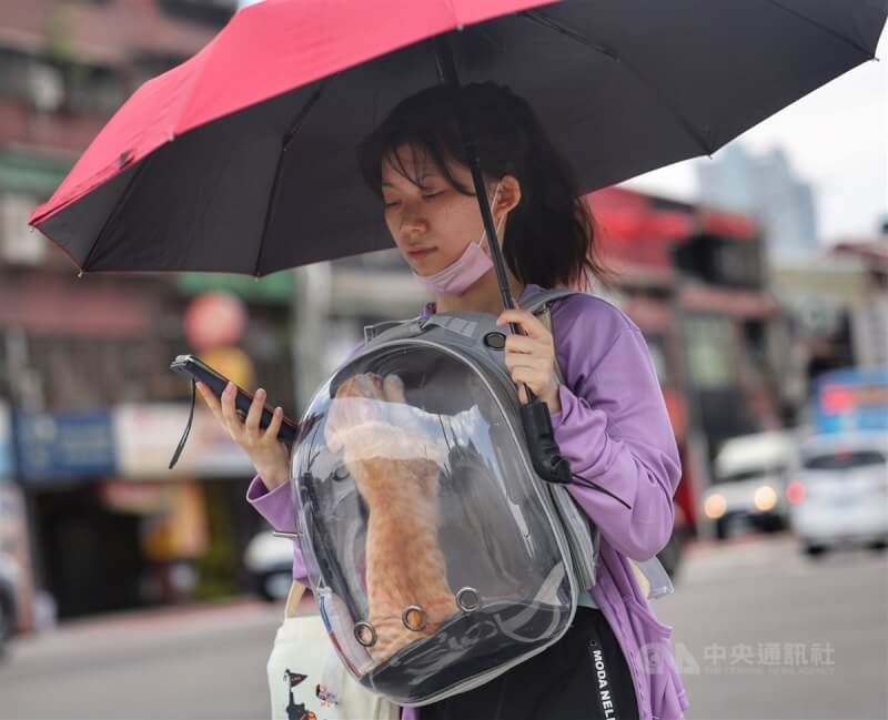 氣象局提醒，13日白天大台北、南部地區及花蓮仍要留意高溫。圖為台北市南港區民眾帶著寵物外出，撐傘遮陽。（中央社檔案照片）