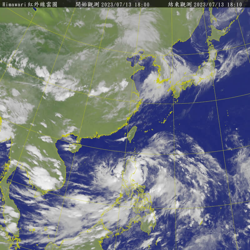 圖為13日下午6時10分衛星雲圖。（圖取自中央氣象局網頁cwb.gov.tw）
