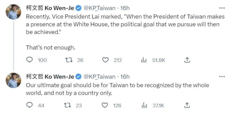 民眾黨總統參選人柯文哲12日在推特以英文批評民進黨總統參選人賴清德的走入白宮說，引起討論。（圖取自twitter.com/KP_Taiwan）