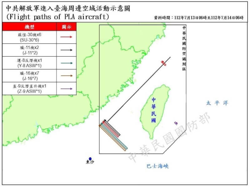 國防部自13日上午6時起至14日上午6時，偵獲共機30架次、共艦9艘次，在台海周邊活動。（圖取自國防部網頁mnd.gov.tw）