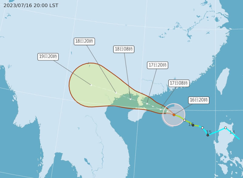 圖為颱風泰利路徑潛勢預報。（圖取自中央氣象局網頁cwb.gov.tw）