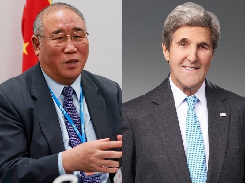 美國氣候特使凱瑞（右）17日在北京與中國氣候變化事務特使解振華（左）會面。（左圖為中新社，右圖取自facebook.com/johnkerry）
