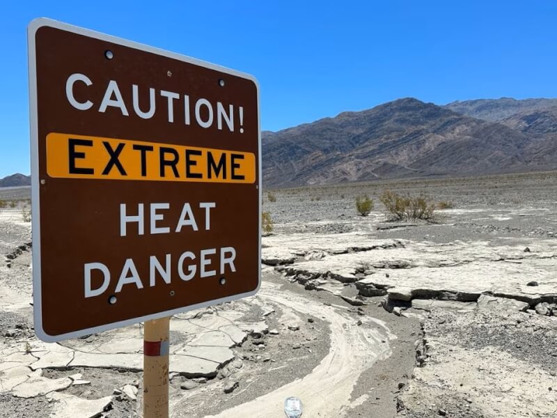 加州死谷遭極端熱浪侵襲，高溫來到攝氏53.3度，當地政府立牌警示戶外活動風險。（路透社）