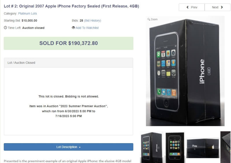 初代iPhone以約新台幣590萬元在拍賣會上成交，是原價300倍以上。（圖取自LGC拍賣網頁auction.lcgauctions.com）