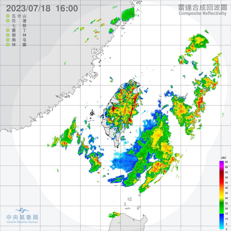 氣象局18日針對花蓮發布豪雨特報，北北基等18縣市持續防大雨。（圖取自中央氣象局網頁cwb.gov.tw）