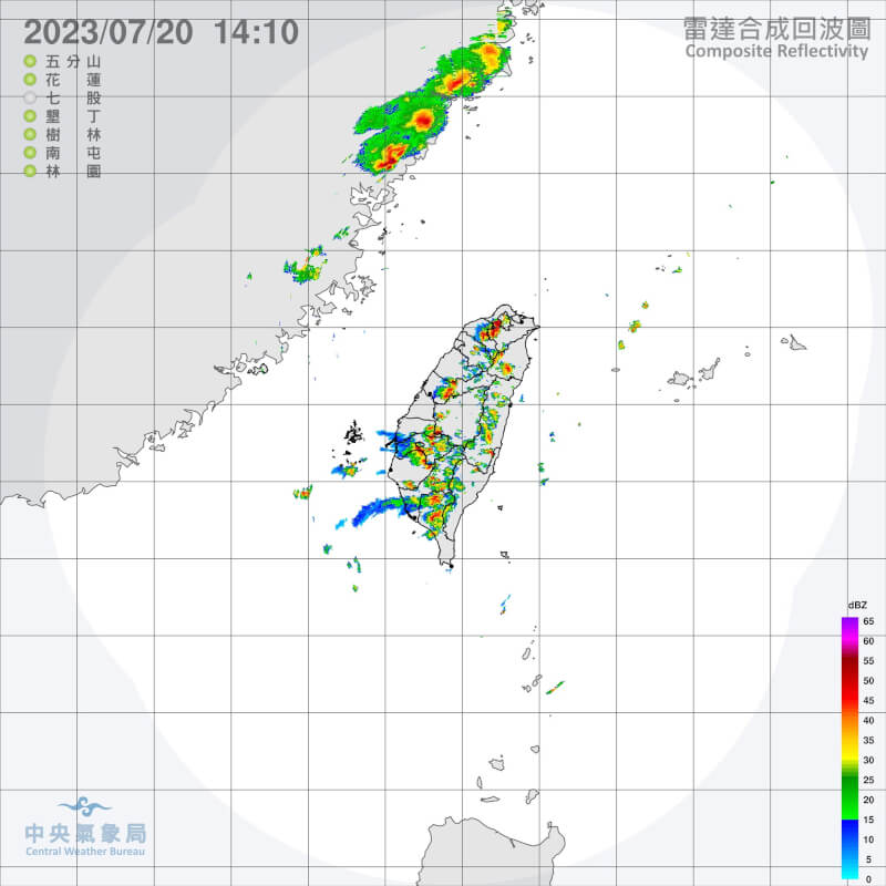 中央氣象局20日發布豪雨特報，午後對流雲系發展旺盛，易有短延時強降雨，今天高雄市有局部大雨或豪雨。（圖取自中央氣象局網頁cwb.gov.tw）