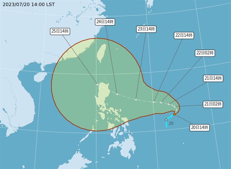 颱風杜蘇芮預估最快21日清晨至上半天生成，24日之後路徑不確定性大，增強為中颱朝台灣前進是可能預測之一。（圖取自中央氣象局網頁cwb.gov.tw）