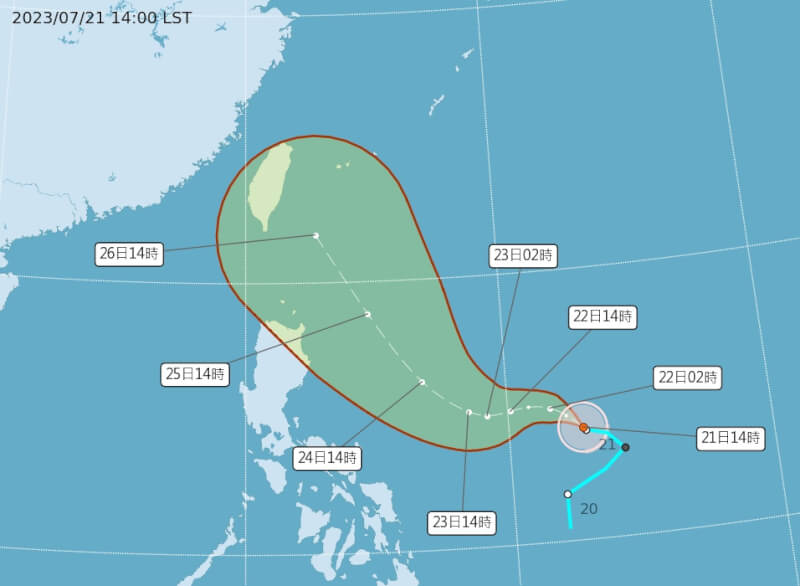中央氣象局表示，颱風杜蘇芮23日可能增強為中度颱風，屆時北轉角度將是影響台灣的關鍵，目前研判發布海警機率大。（圖取自中央氣象局網頁cwb.gov.tw）
