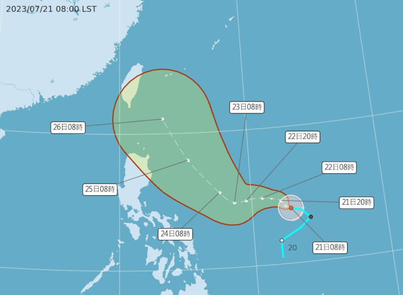 今年第5號颱風杜蘇芮21日上午生成，中央氣象局表示，最新路徑杜蘇芮靠近台灣。（圖取自中央氣象局網頁cwb.gov.tw）