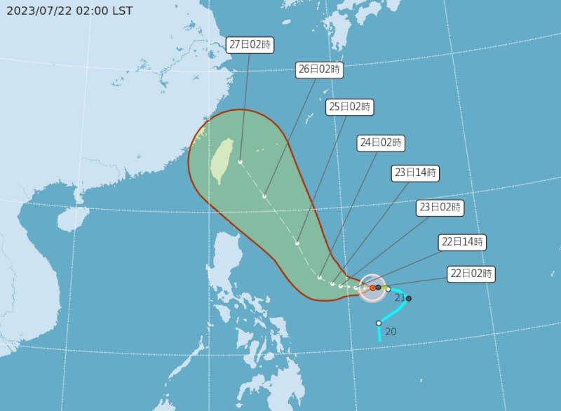 中央氣象局22日凌晨2時颱風路徑潛勢預測圖顯示，颱風杜蘇芮27日凌晨2時中心在花蓮近海。（圖取自中央氣象局網頁cwb.gov.tw）