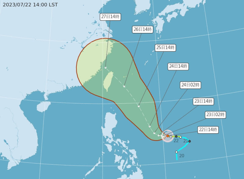 水利署22日說明，24日颱風杜蘇芮外圍環流開始影響迎風面台灣東半部、恆春半島，降雨逐漸增多。（圖取自中央氣象局網頁cwb.gov.tw）