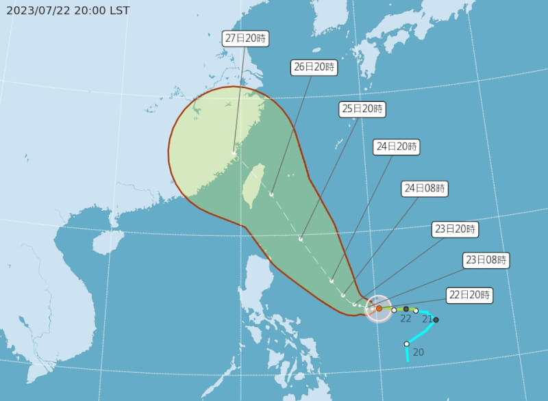 氣象局22日表示，根據最新預報颱風杜蘇芮的路徑向北偏一點，預估最快發布海警時間點是25日上午。（圖取自中央氣象局網頁cwb.gov.tw）